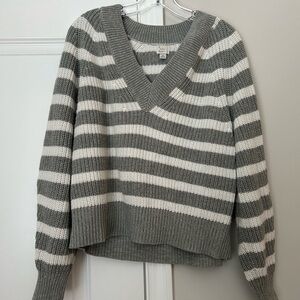 a new day V-Neck Sweater - Gray and White Stripes